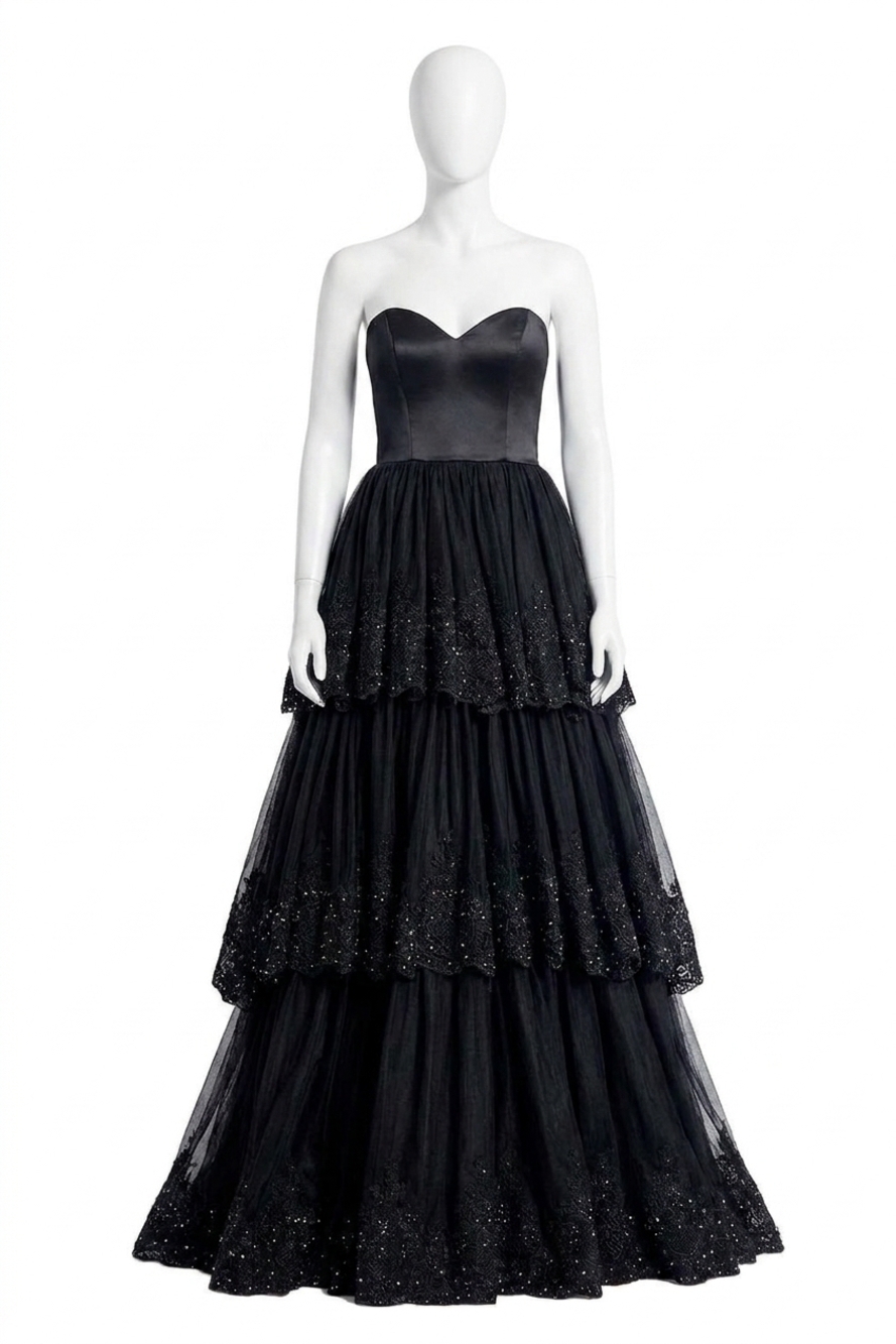 NEW RACHEL ALLAN lace appliqued strapless gown in black